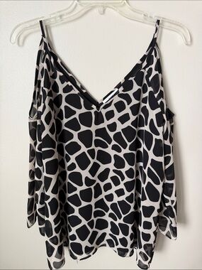 Bar III Black and Cream Cold-Shoulder V-Neck Spotted Camisole